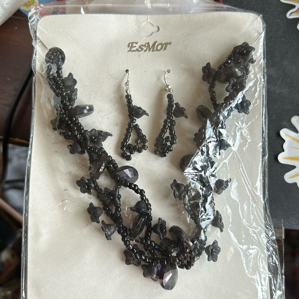 EsMor Black Flower Necklace & Earring Set Fashion Jewelry Statement Floral